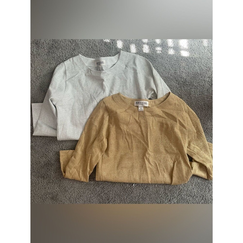 Bob Mackie Bundle of 2 Metallic Crewneck Long Sleeve Shirts - Gold & Silver S